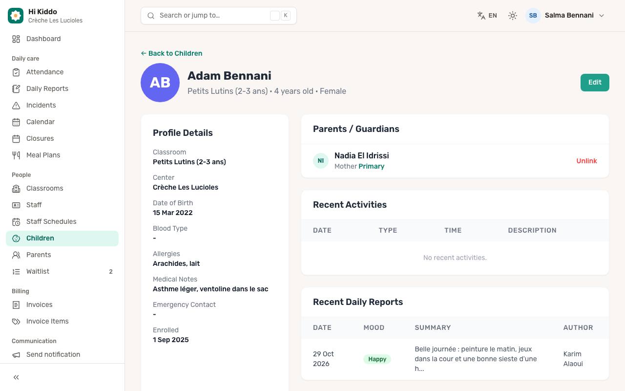 The child's profile page