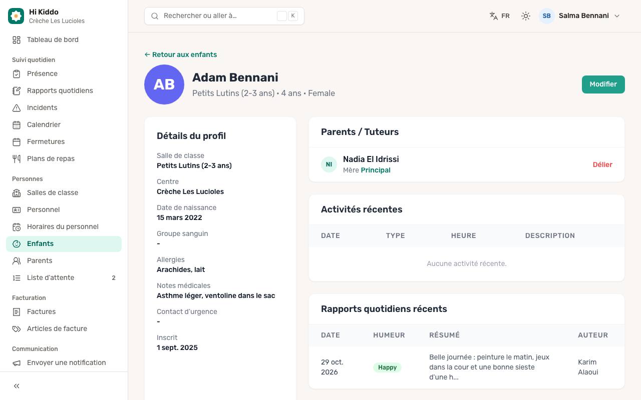 La fiche de l'enfant