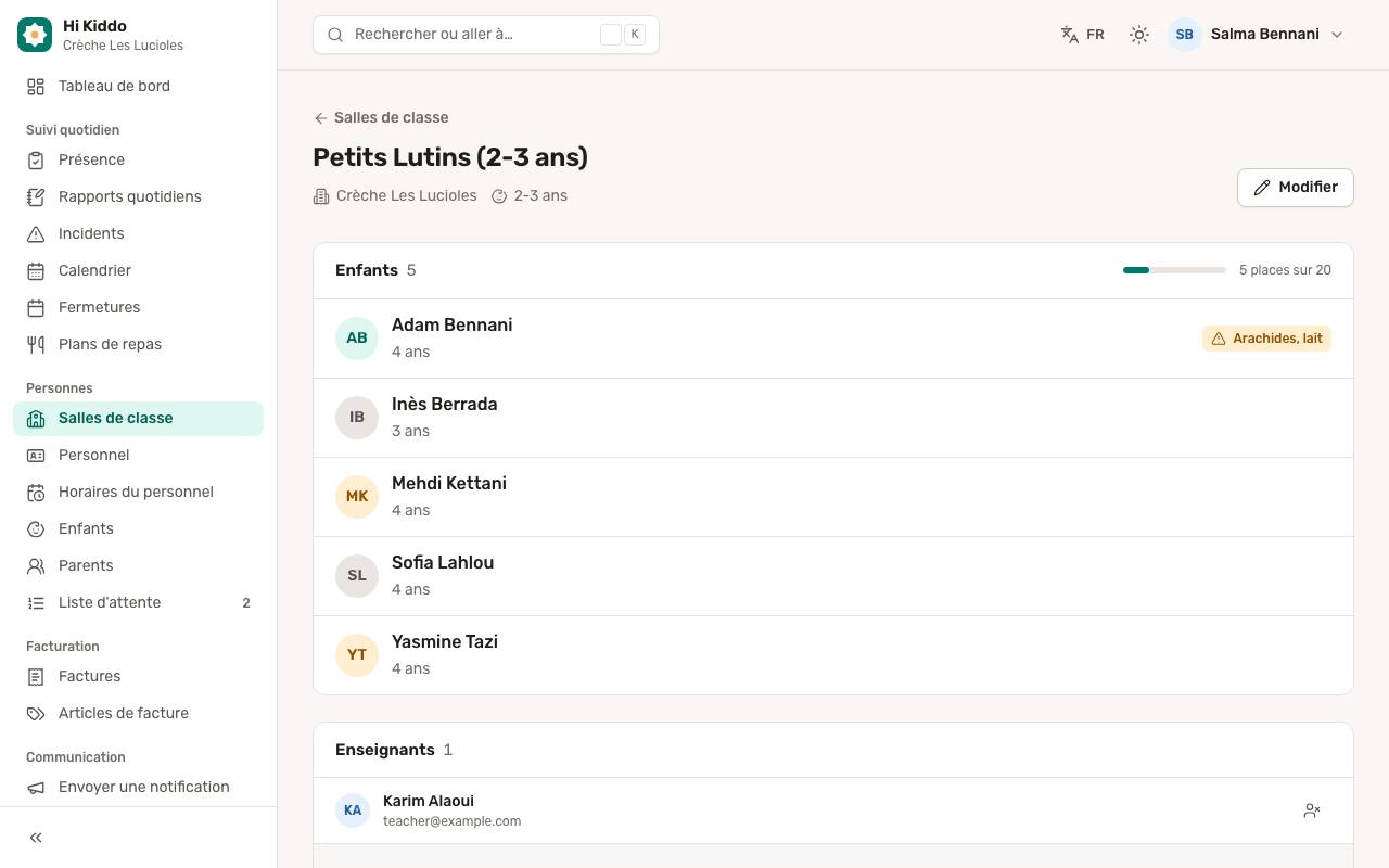 La page de la salle de classe