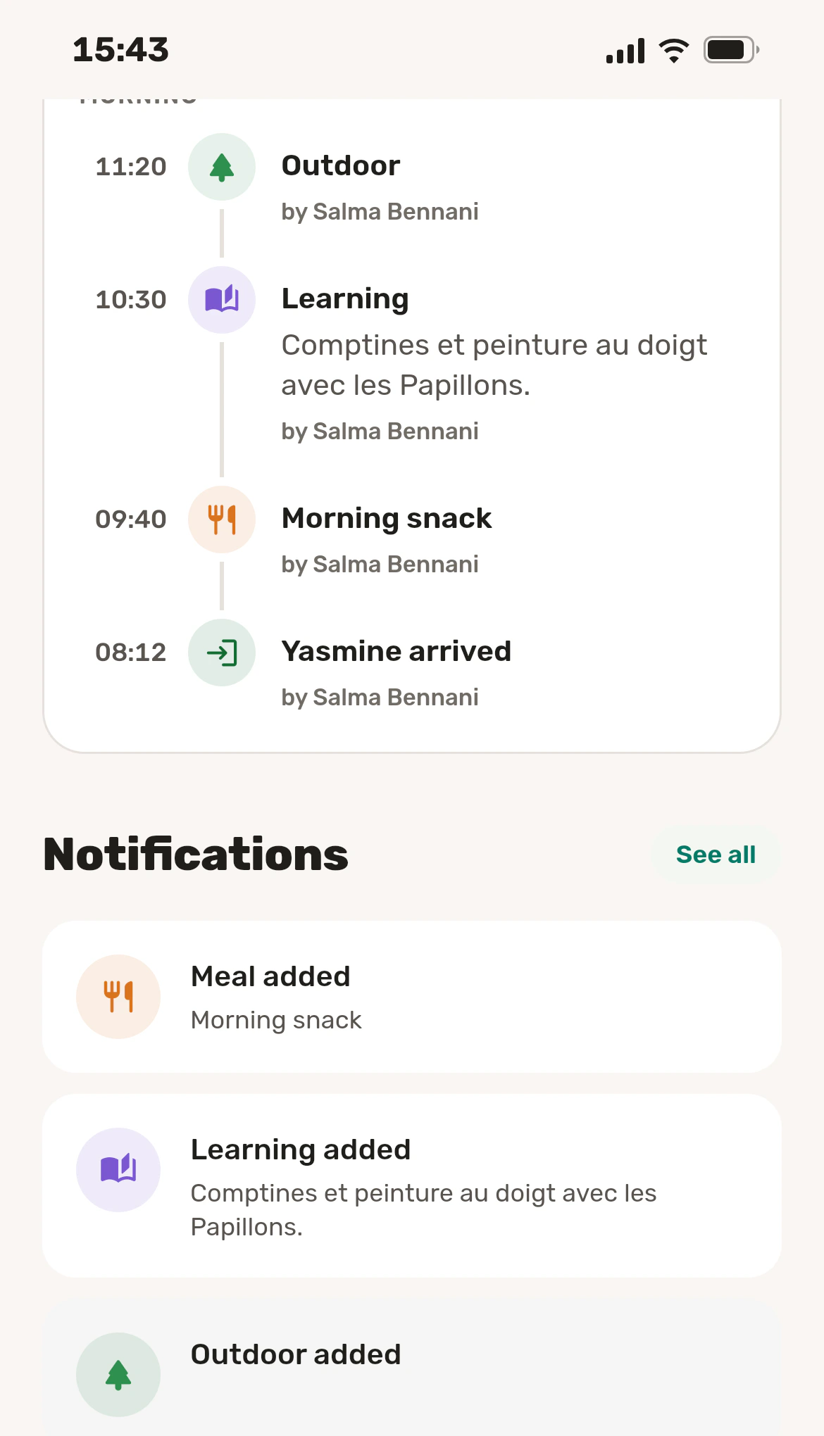 Yasmine’s day in the parent app.